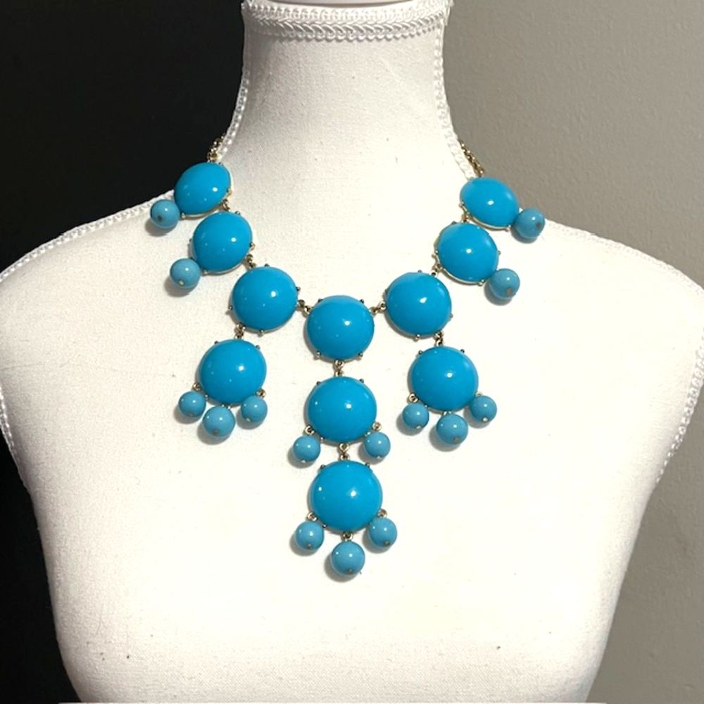 Blue Teal Bubble Beads Bib Statement Necklace 24 inch Necklace